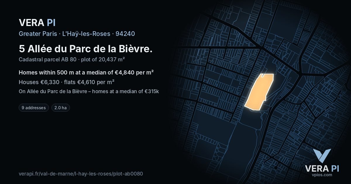 5 Allée du Parc de la Bièvre, L'Haÿ-les-Roses at night – the plot lit, the parcels around coloured by the prices near them