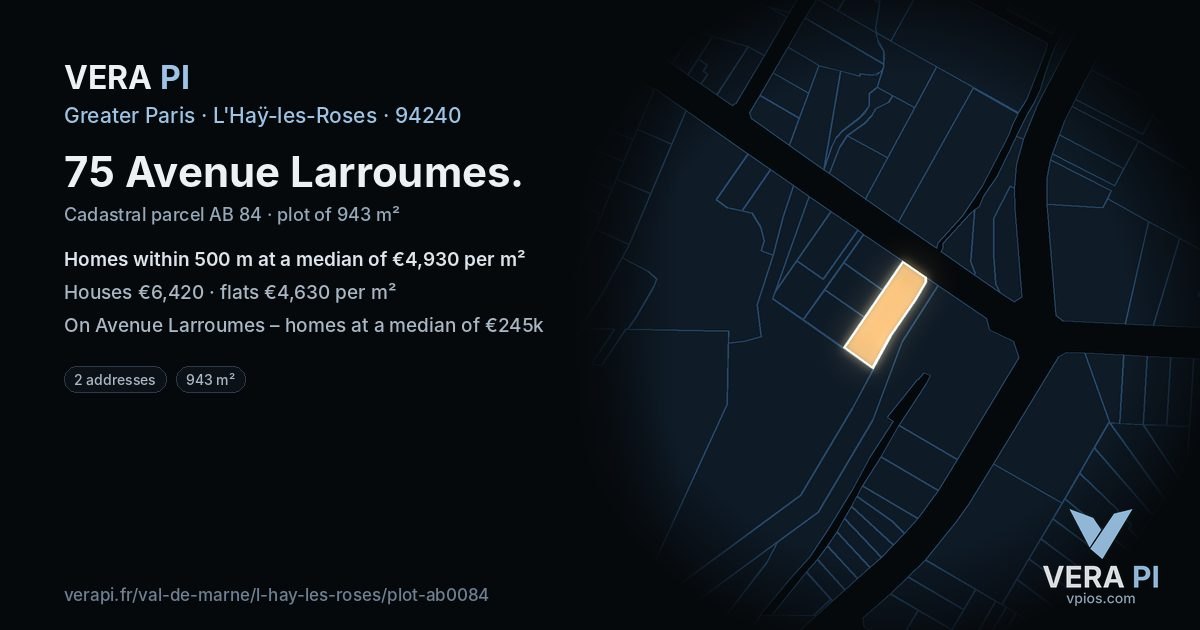 75 Avenue Larroumes, L'Haÿ-les-Roses at night – the plot lit, the parcels around coloured by the prices near them
