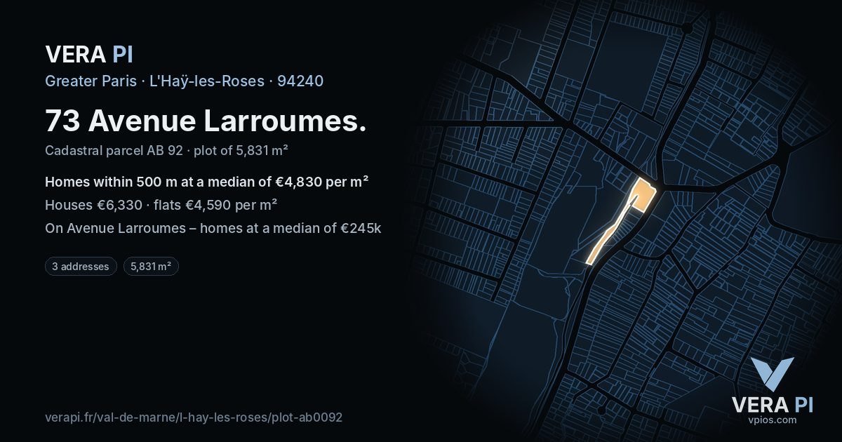 73 Avenue Larroumes, L'Haÿ-les-Roses at night – the plot lit, the parcels around coloured by the prices near them