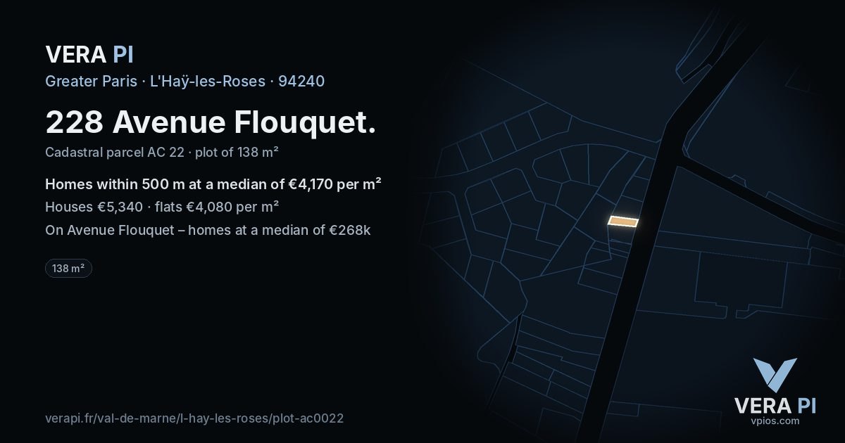 228 Avenue Flouquet, L'Haÿ-les-Roses at night – the plot lit, the parcels around coloured by the prices near them