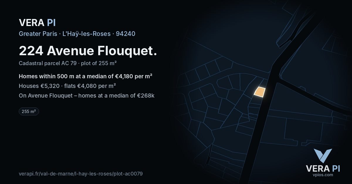224 Avenue Flouquet, L'Haÿ-les-Roses at night – the plot lit, the parcels around coloured by the prices near them