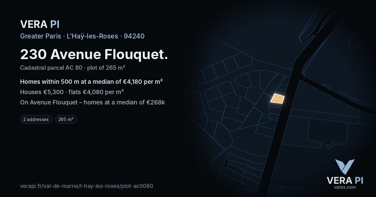 230 Avenue Flouquet, L'Haÿ-les-Roses at night – the plot lit, the parcels around coloured by the prices near them