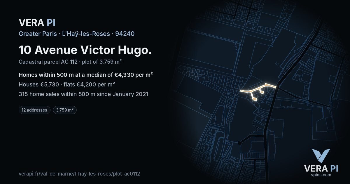 10 Avenue Victor Hugo, L'Haÿ-les-Roses at night – the plot lit, the parcels around coloured by the prices near them
