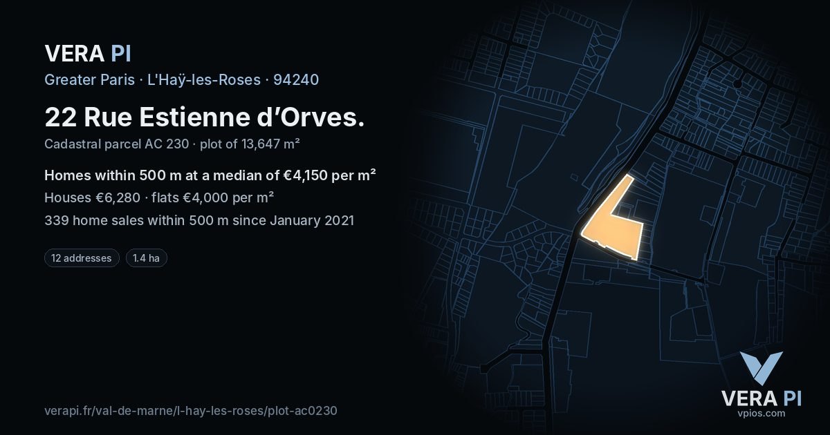 22 Rue Estienne d’Orves, L'Haÿ-les-Roses at night – the plot lit, the parcels around coloured by the prices near them
