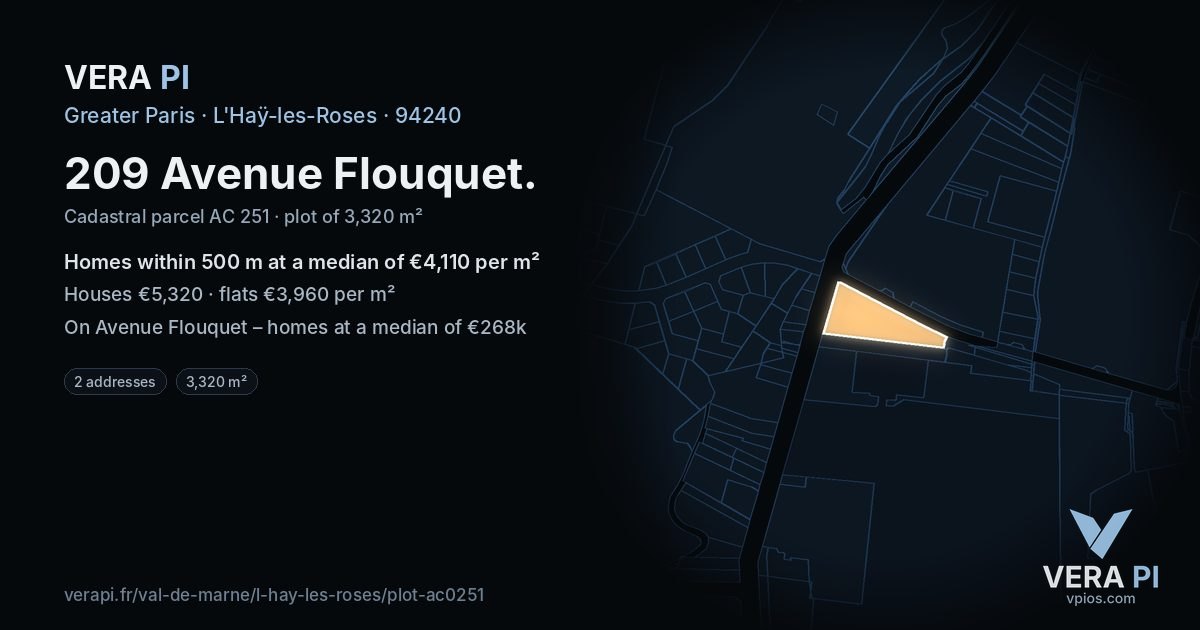 209 Avenue Flouquet, L'Haÿ-les-Roses at night – the plot lit, the parcels around coloured by the prices near them