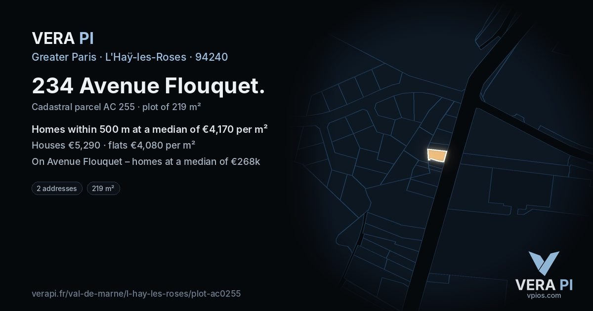 234 Avenue Flouquet, L'Haÿ-les-Roses at night – the plot lit, the parcels around coloured by the prices near them