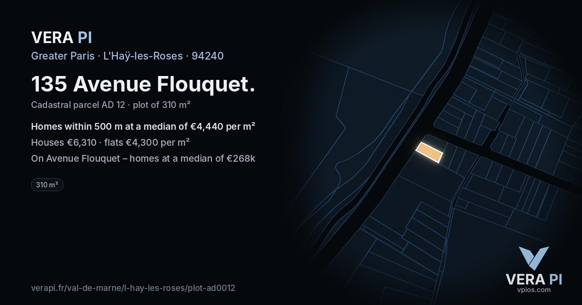 135 Avenue Flouquet, L'Haÿ-les-Roses at night – the plot lit, the parcels around coloured by the prices near them