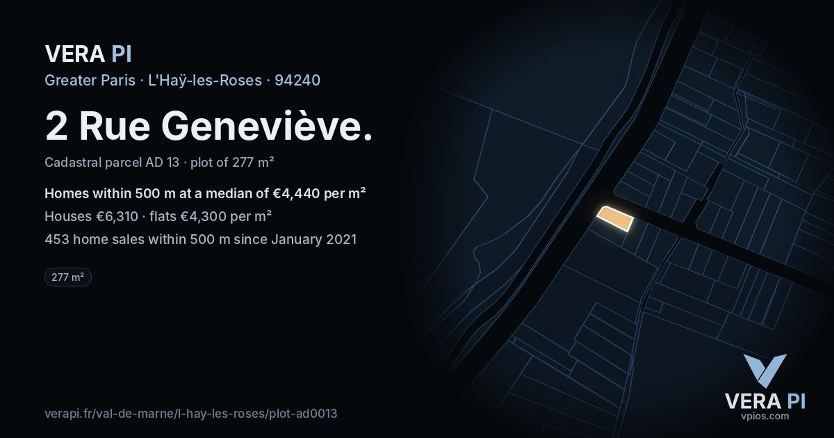 2 Rue Geneviève, L'Haÿ-les-Roses at night – the plot lit, the parcels around coloured by the prices near them