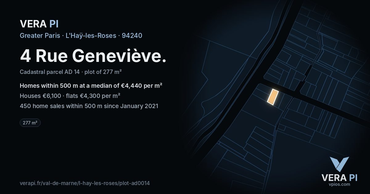 4 Rue Geneviève, L'Haÿ-les-Roses at night – the plot lit, the parcels around coloured by the prices near them