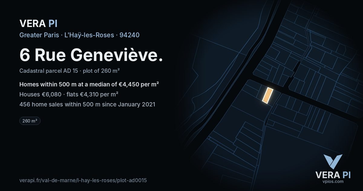 6 Rue Geneviève, L'Haÿ-les-Roses at night – the plot lit, the parcels around coloured by the prices near them