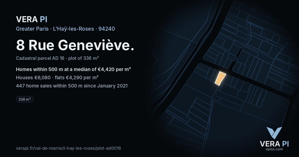 8 Rue Geneviève, L'Haÿ-les-Roses at night – the plot lit, the parcels around coloured by the prices near them