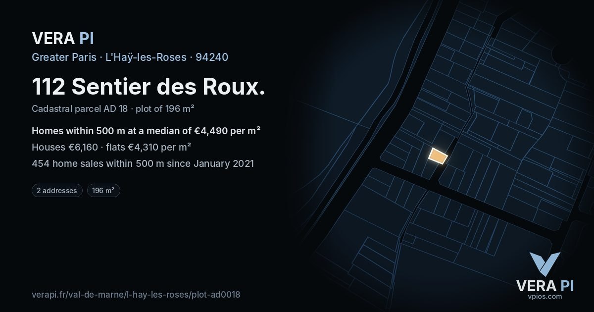 112 Sentier des Roux, L'Haÿ-les-Roses at night – the plot lit, the parcels around coloured by the prices near them