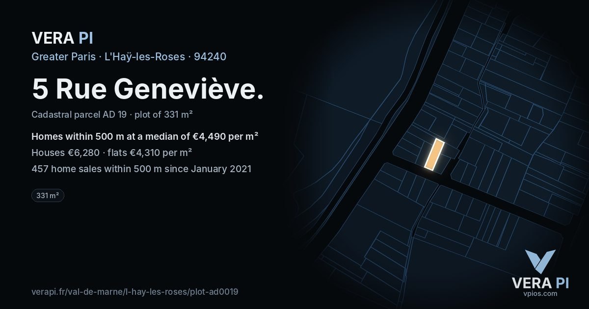 5 Rue Geneviève, L'Haÿ-les-Roses at night – the plot lit, the parcels around coloured by the prices near them