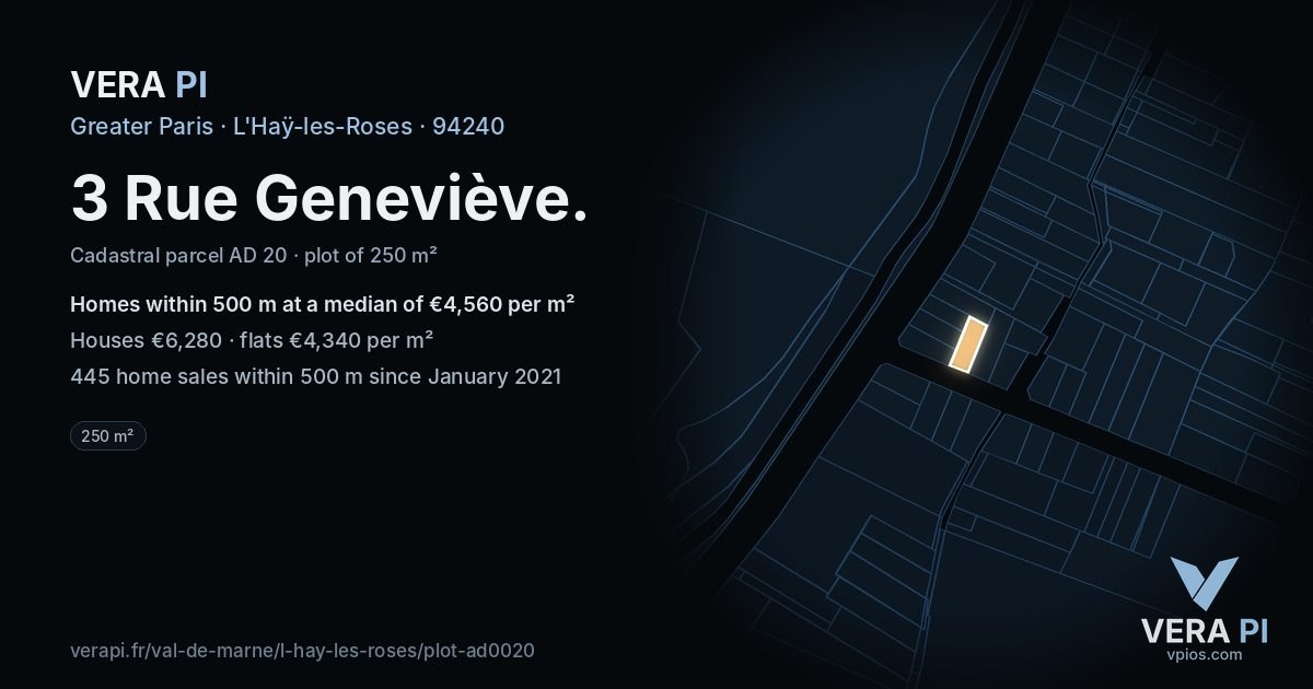 3 Rue Geneviève, L'Haÿ-les-Roses at night – the plot lit, the parcels around coloured by the prices near them