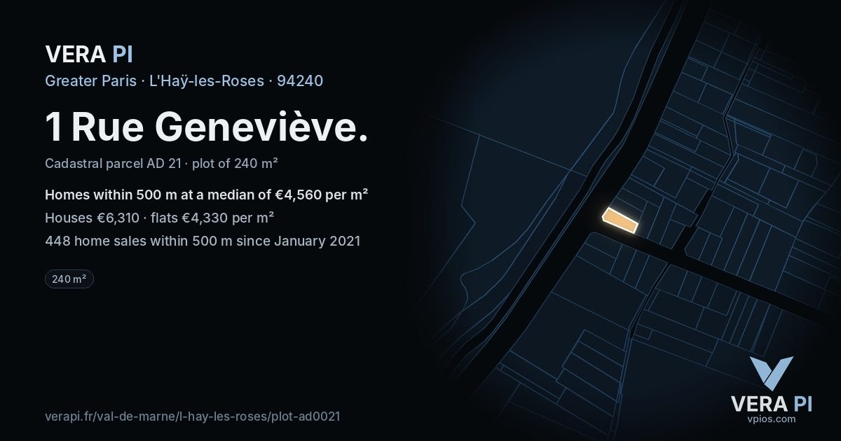 1 Rue Geneviève, L'Haÿ-les-Roses at night – the plot lit, the parcels around coloured by the prices near them