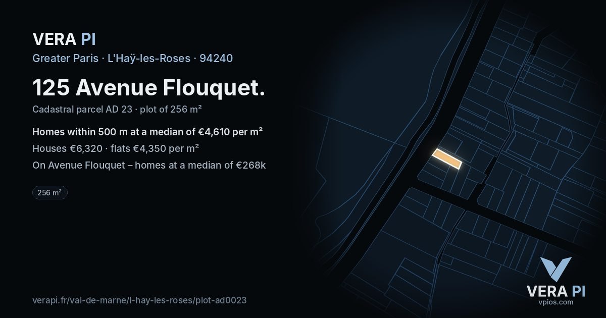 125 Avenue Flouquet, L'Haÿ-les-Roses at night – the plot lit, the parcels around coloured by the prices near them