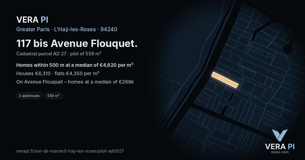 117 bis Avenue Flouquet, L'Haÿ-les-Roses at night – the plot lit, the parcels around coloured by the prices near them