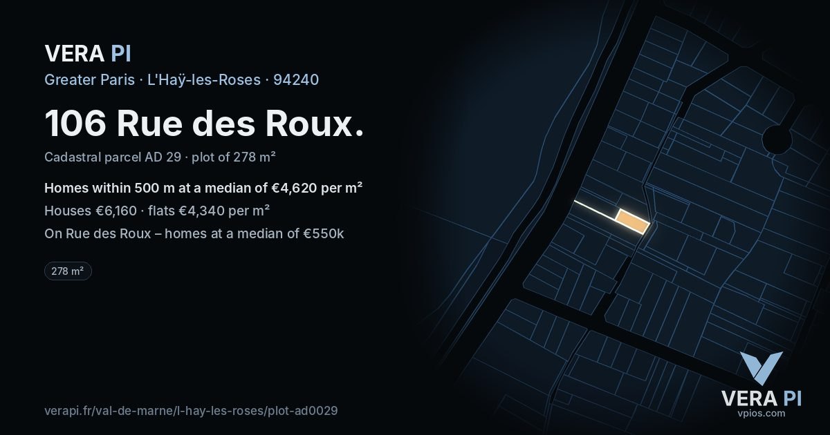 106 Rue des Roux, L'Haÿ-les-Roses at night – the plot lit, the parcels around coloured by the prices near them