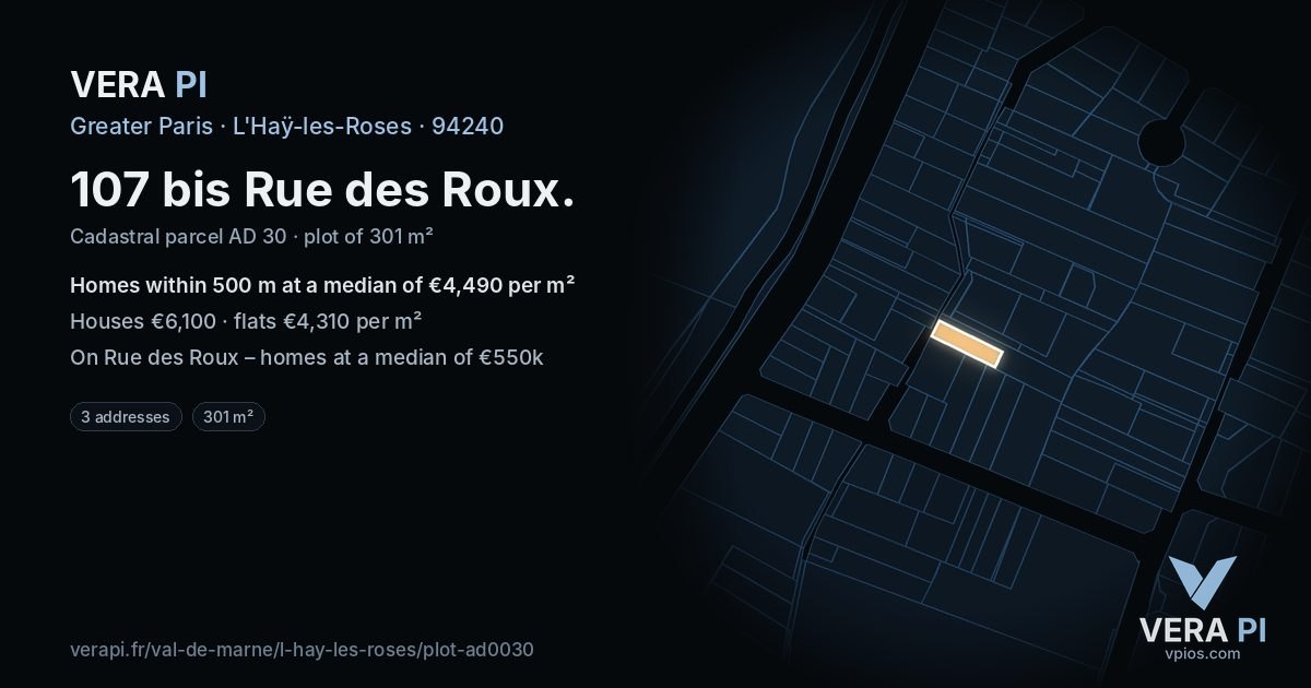 107 bis Rue des Roux, L'Haÿ-les-Roses at night – the plot lit, the parcels around coloured by the prices near them