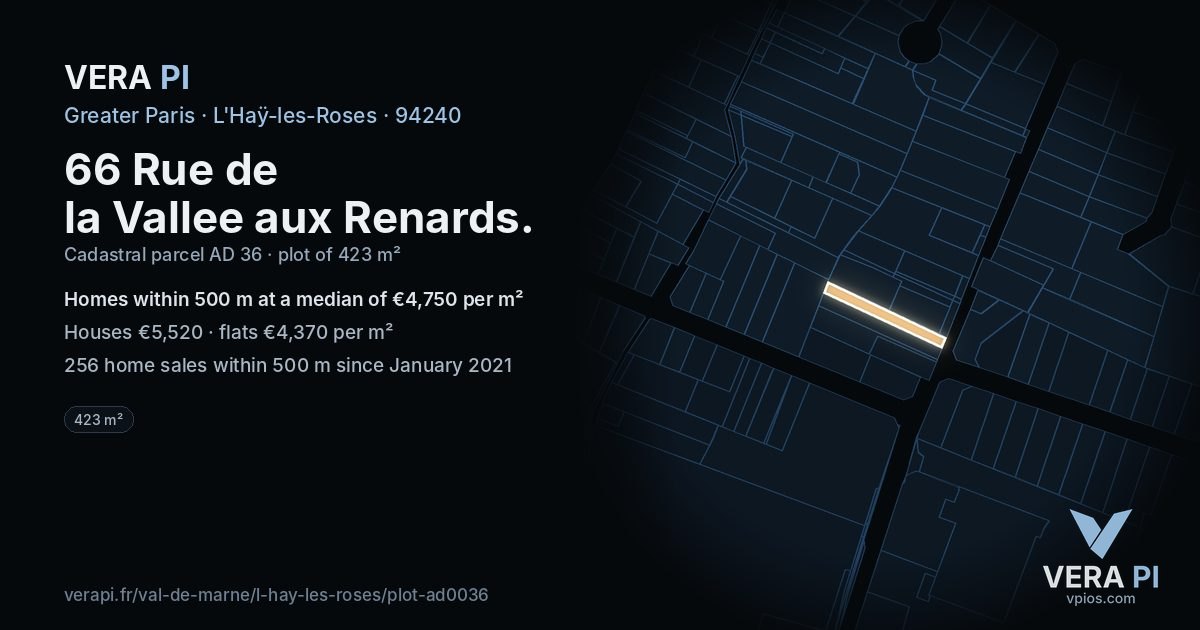 66 Rue de la Vallee aux Renards, L'Haÿ-les-Roses at night – the plot lit, the parcels around coloured by the prices near them