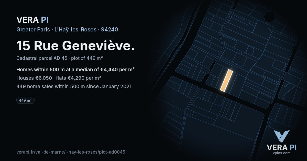 15 Rue Geneviève, L'Haÿ-les-Roses at night – the plot lit, the parcels around coloured by the prices near them