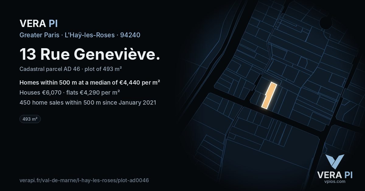 13 Rue Geneviève, L'Haÿ-les-Roses at night – the plot lit, the parcels around coloured by the prices near them
