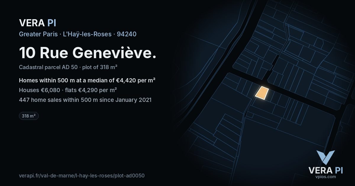 10 Rue Geneviève, L'Haÿ-les-Roses at night – the plot lit, the parcels around coloured by the prices near them