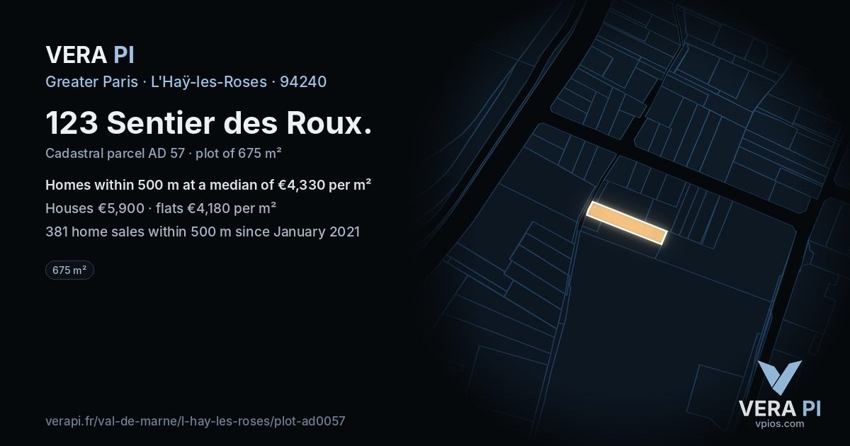 123 Sentier des Roux, L'Haÿ-les-Roses at night – the plot lit, the parcels around coloured by the prices near them