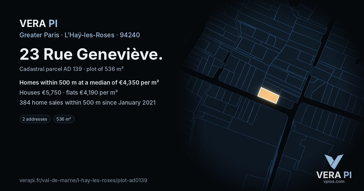 23 Rue Geneviève, L'Haÿ-les-Roses at night – the plot lit, the parcels around coloured by the prices near them
