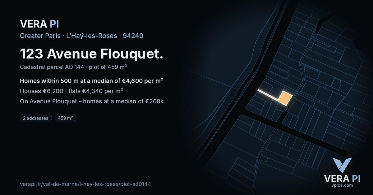 123 Avenue Flouquet, L'Haÿ-les-Roses at night – the plot lit, the parcels around coloured by the prices near them