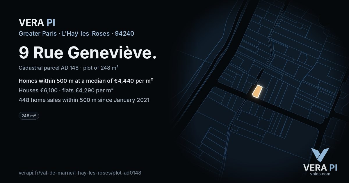 9 Rue Geneviève, L'Haÿ-les-Roses at night – the plot lit, the parcels around coloured by the prices near them