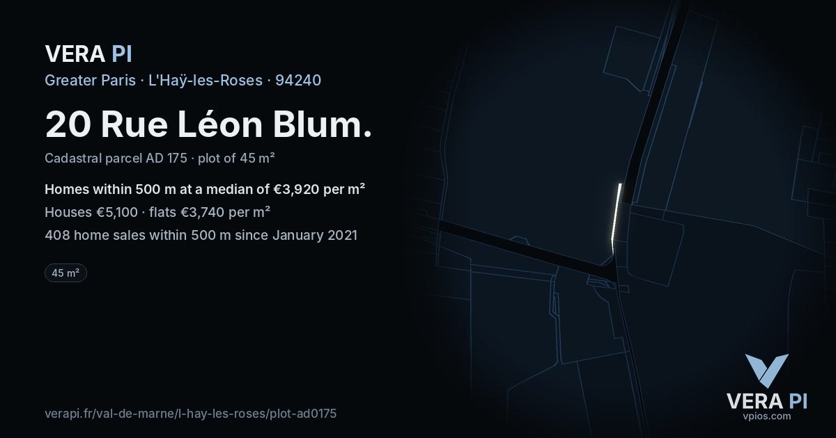 20 Rue Léon Blum, L'Haÿ-les-Roses at night – the plot lit, the parcels around coloured by the prices near them