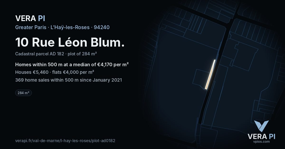 10 Rue Léon Blum, L'Haÿ-les-Roses at night – the plot lit, the parcels around coloured by the prices near them