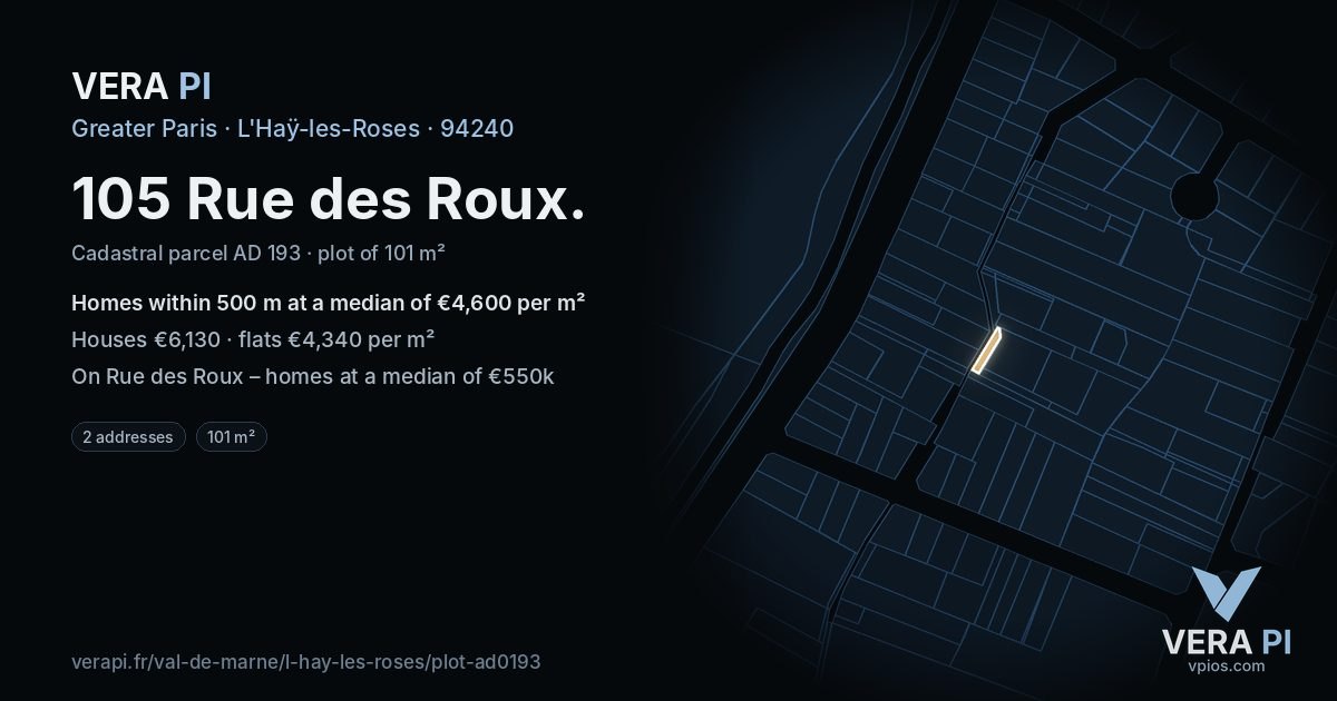 105 Rue des Roux, L'Haÿ-les-Roses at night – the plot lit, the parcels around coloured by the prices near them