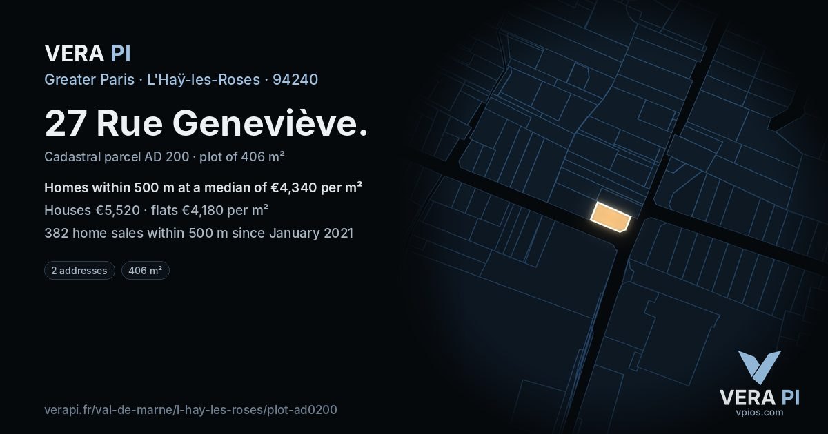 27 Rue Geneviève, L'Haÿ-les-Roses at night – the plot lit, the parcels around coloured by the prices near them