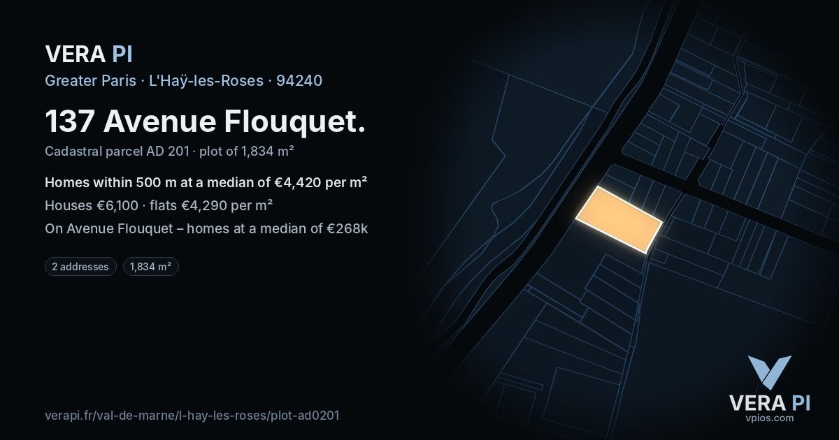 137 Avenue Flouquet, L'Haÿ-les-Roses at night – the plot lit, the parcels around coloured by the prices near them