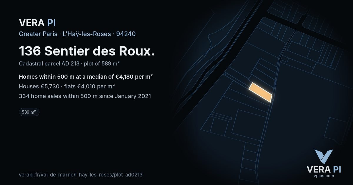 136 Sentier des Roux, L'Haÿ-les-Roses at night – the plot lit, the parcels around coloured by the prices near them