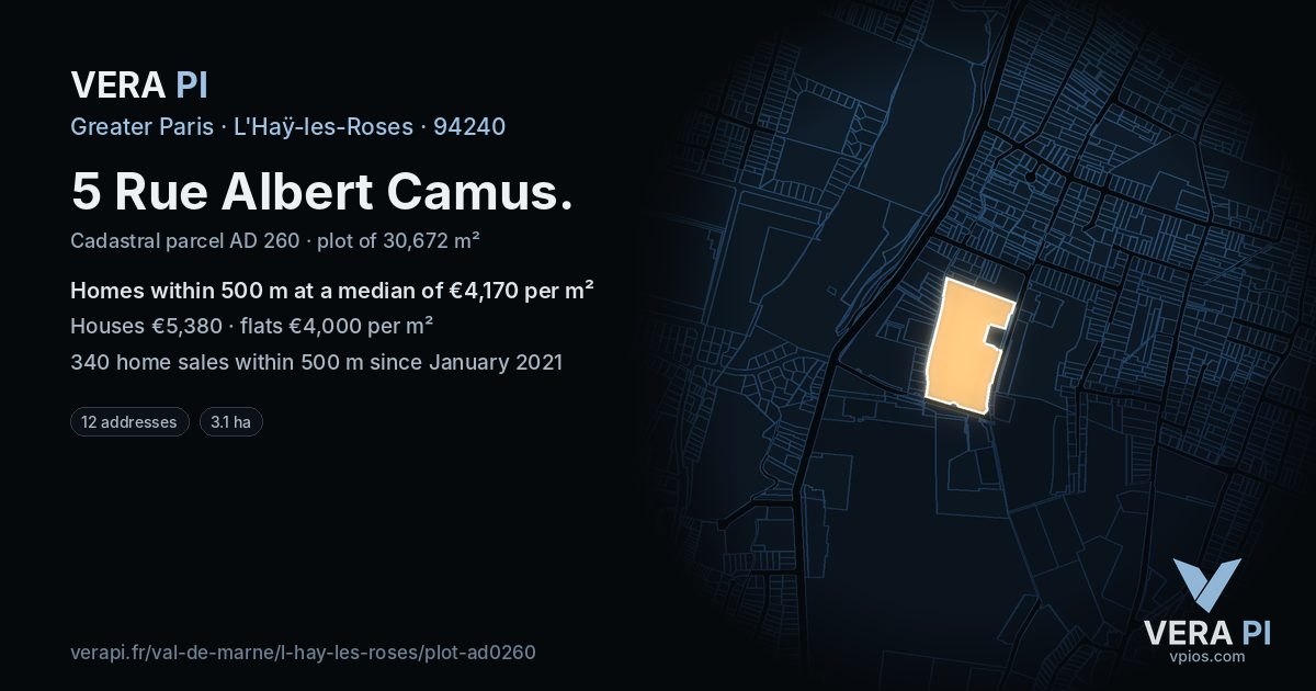 5 Rue Albert Camus, L'Haÿ-les-Roses at night – the plot lit, the parcels around coloured by the prices near them