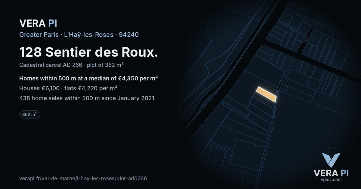 128 Sentier des Roux, L'Haÿ-les-Roses at night – the plot lit, the parcels around coloured by the prices near them