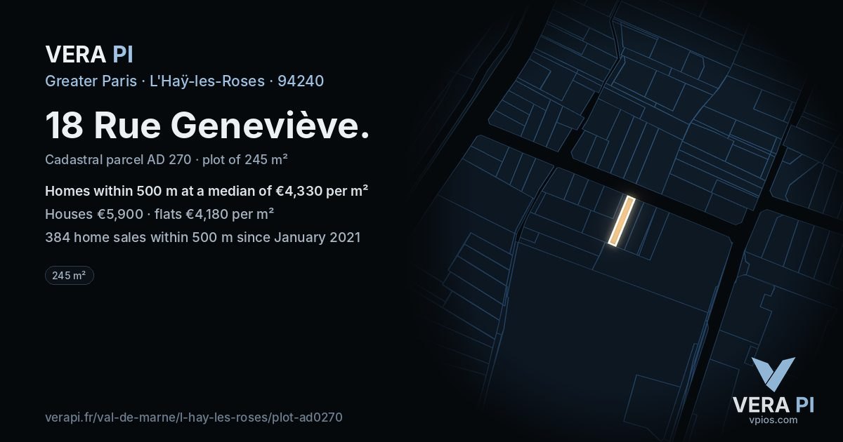 18 Rue Geneviève, L'Haÿ-les-Roses at night – the plot lit, the parcels around coloured by the prices near them