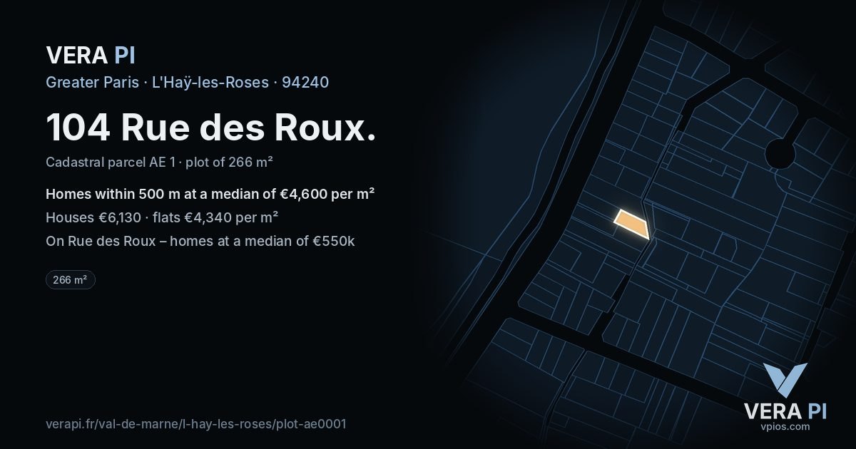 104 Rue des Roux, L'Haÿ-les-Roses at night – the plot lit, the parcels around coloured by the prices near them