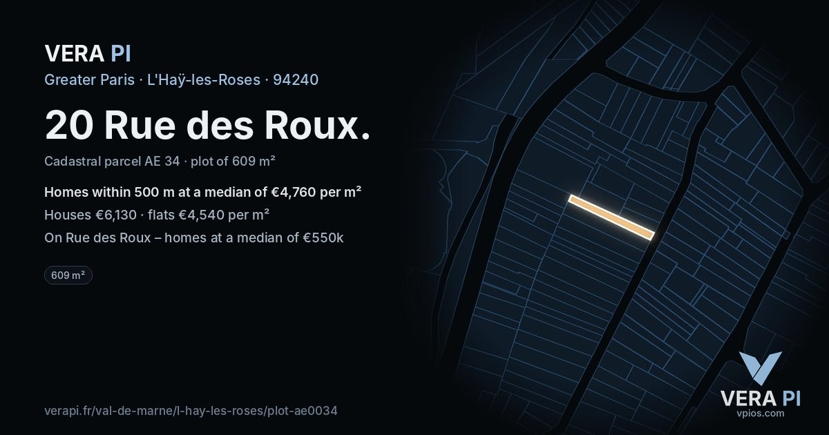 20 Rue des Roux, L'Haÿ-les-Roses at night – the plot lit, the parcels around coloured by the prices near them