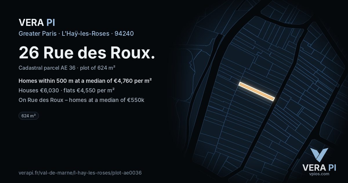 26 Rue des Roux, L'Haÿ-les-Roses at night – the plot lit, the parcels around coloured by the prices near them