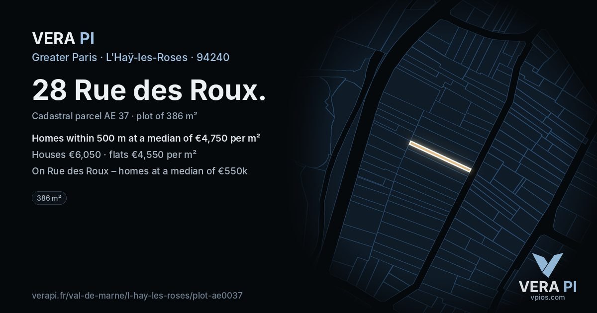 28 Rue des Roux, L'Haÿ-les-Roses at night – the plot lit, the parcels around coloured by the prices near them