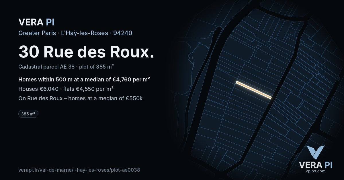 30 Rue des Roux, L'Haÿ-les-Roses at night – the plot lit, the parcels around coloured by the prices near them