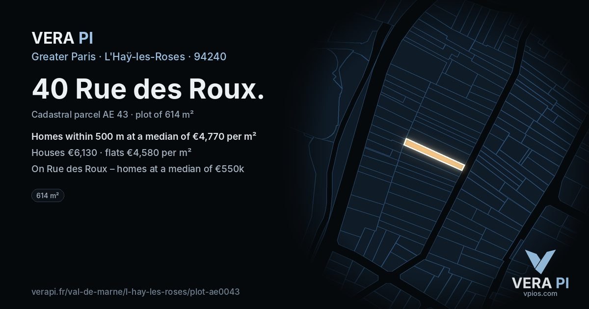 40 Rue des Roux, L'Haÿ-les-Roses at night – the plot lit, the parcels around coloured by the prices near them