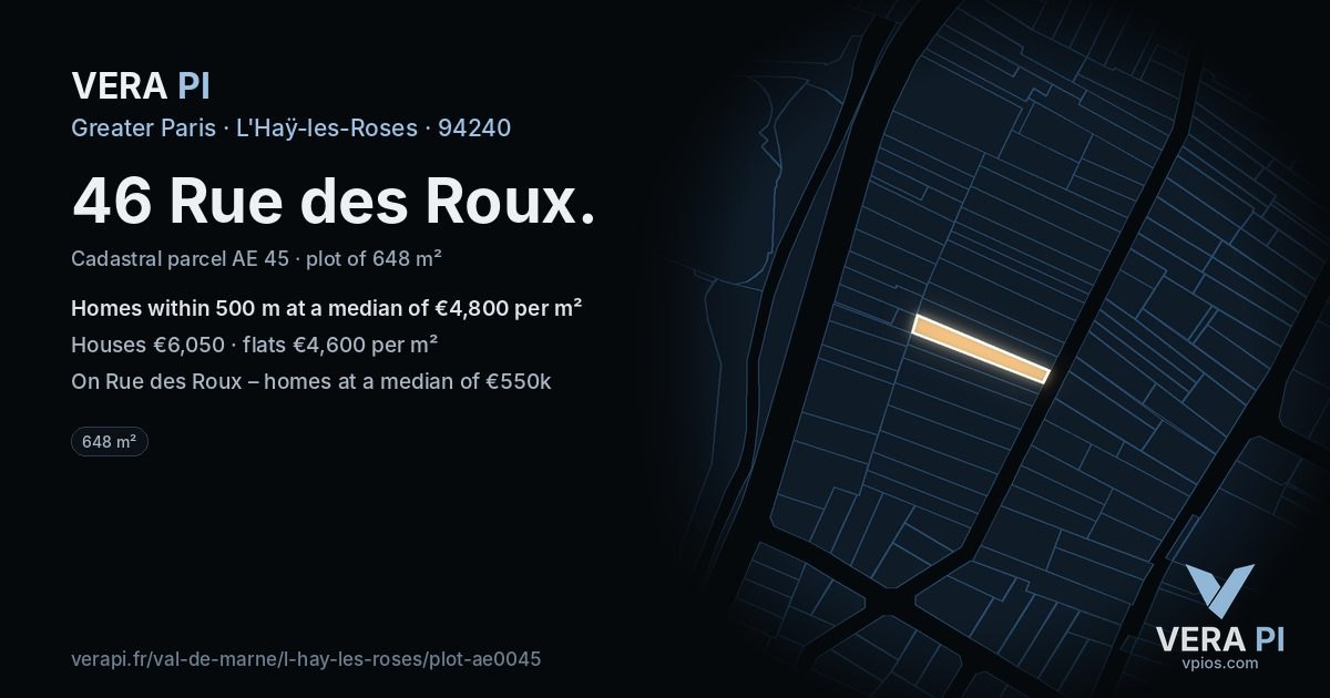 46 Rue des Roux, L'Haÿ-les-Roses at night – the plot lit, the parcels around coloured by the prices near them