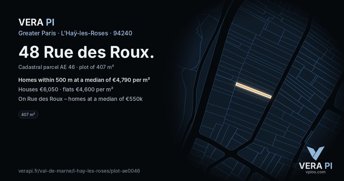 48 Rue des Roux, L'Haÿ-les-Roses at night – the plot lit, the parcels around coloured by the prices near them