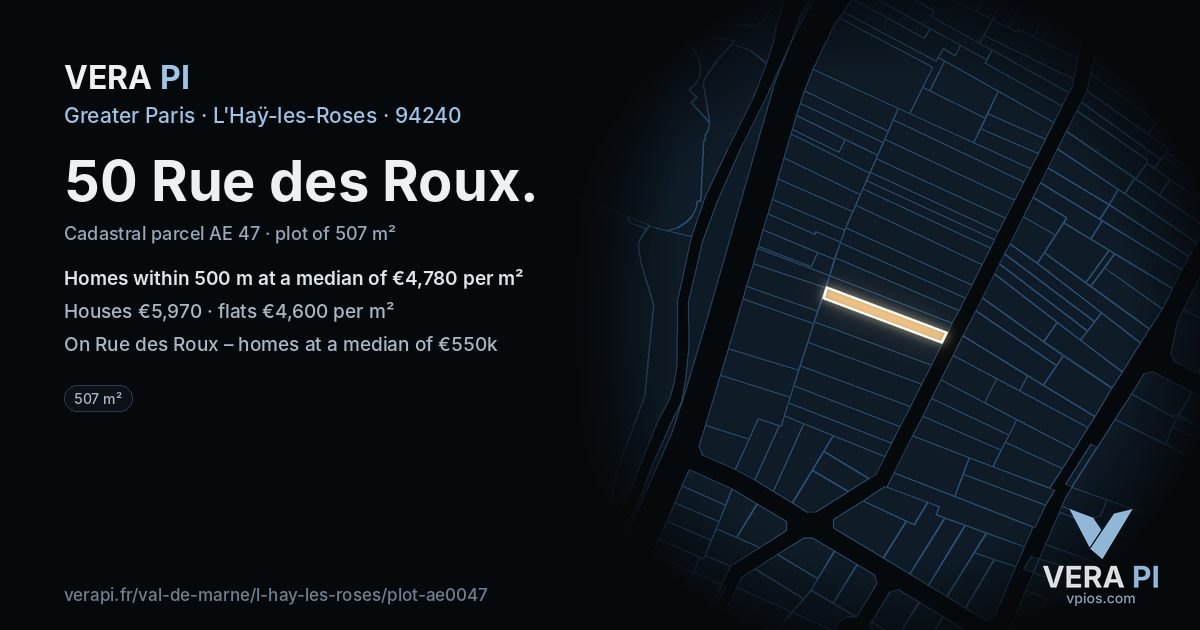 50 Rue des Roux, L'Haÿ-les-Roses at night – the plot lit, the parcels around coloured by the prices near them