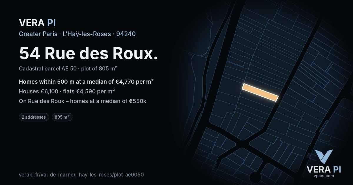 54 Rue des Roux, L'Haÿ-les-Roses at night – the plot lit, the parcels around coloured by the prices near them